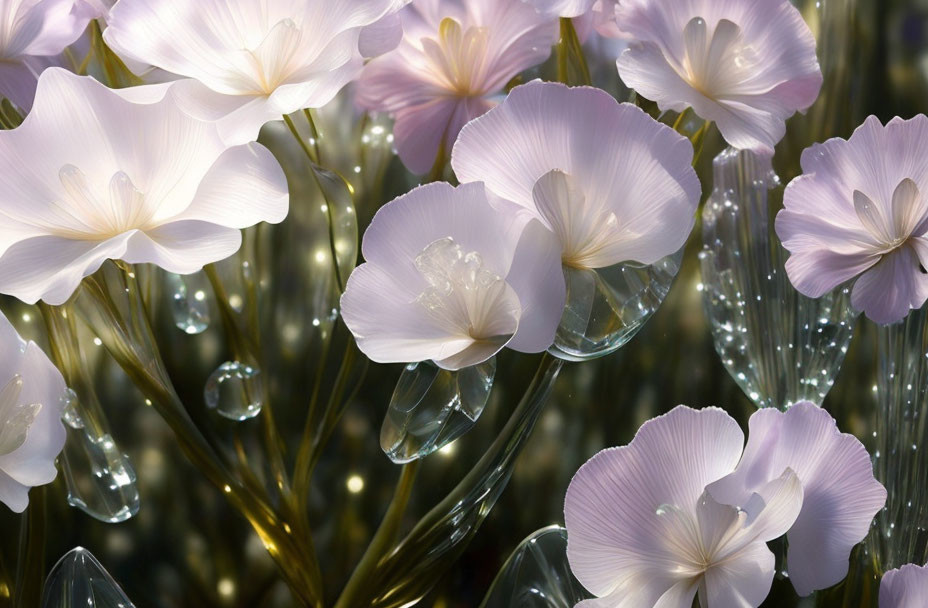 Translucent pale pink flowers with droplets and light flares