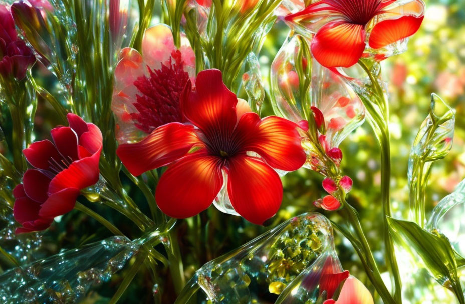 Bright red flowers in a crystal-like botanical scene.