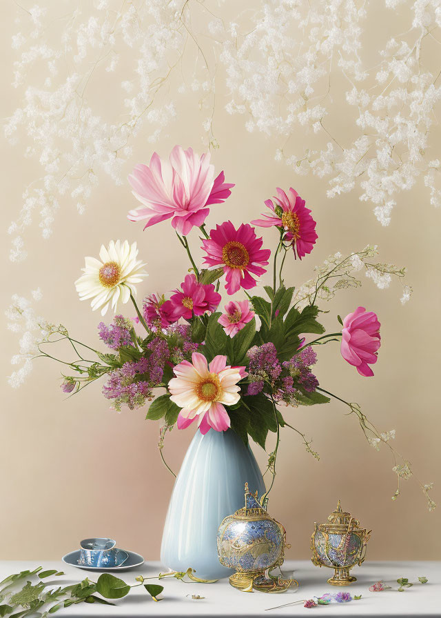 Colorful floral arrangement in tall blue vase with pink and white blossoms on cream background.