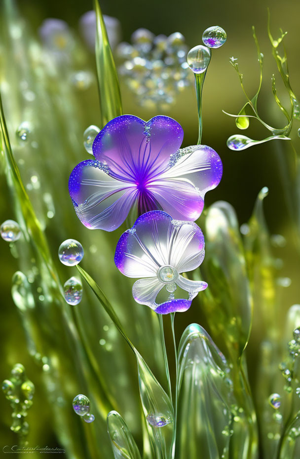Vibrant purple dewdrop flower in dew-covered grassy background