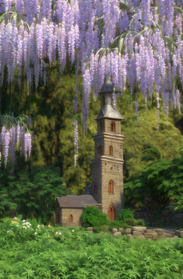 Stone tower and chapel in lush greenery with hanging wisteria blooms