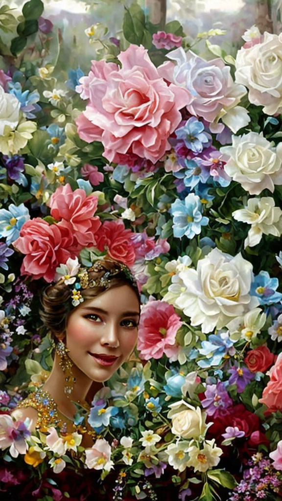 Woman in floral headpiece surrounded by vibrant blossoms