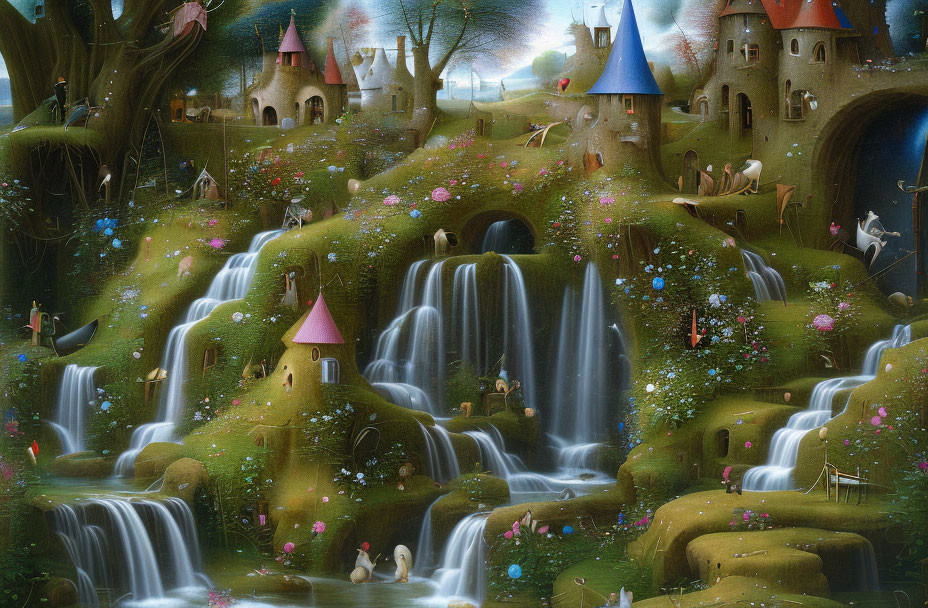 Detailed Fantasy Landscape with Waterfalls, Castles, and Characters