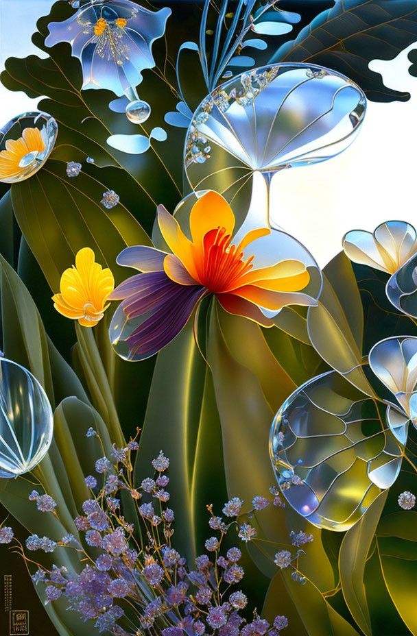 Colorful digital artwork: Translucent bubbles on green foliage with yellow and orange flowers