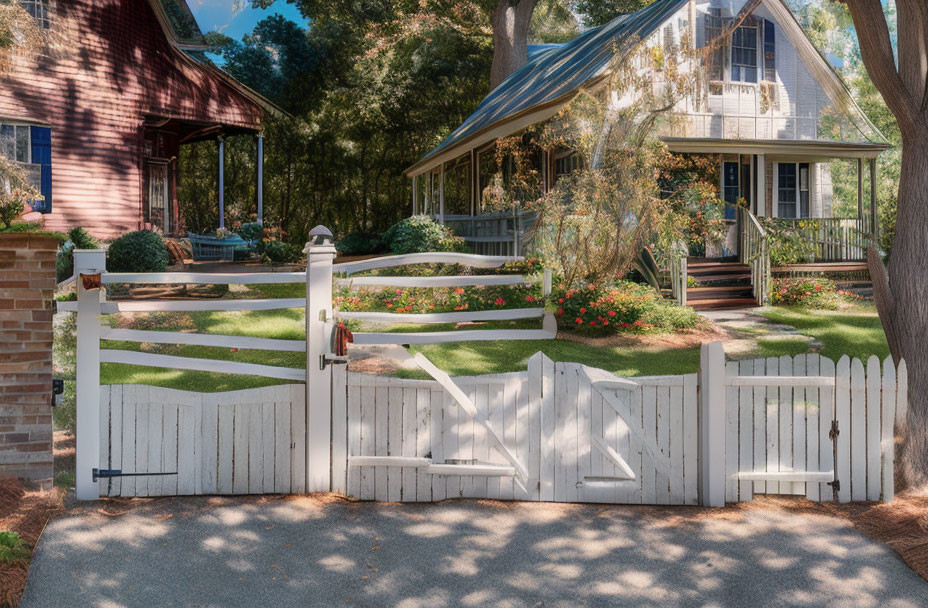 White picket fence gate opens to lush pathway between two sunlit houses