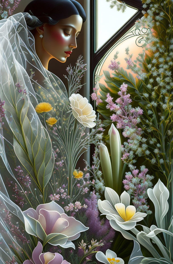 Woman in veil surrounded by lush flowers and plants beside a window