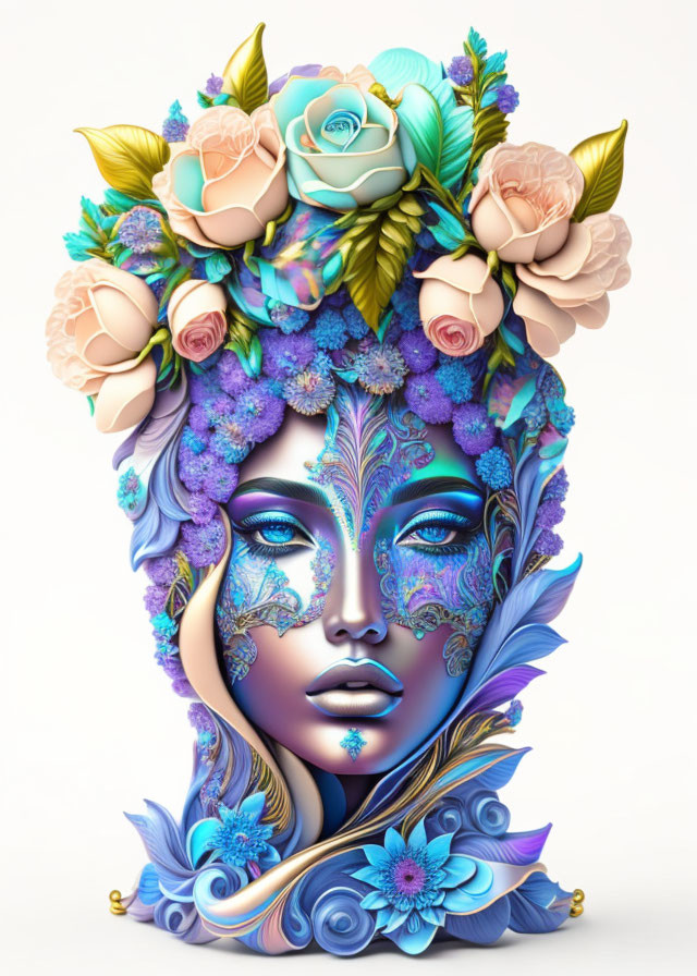 Vibrant female figure with floral headdress and intricate blue facial patterns