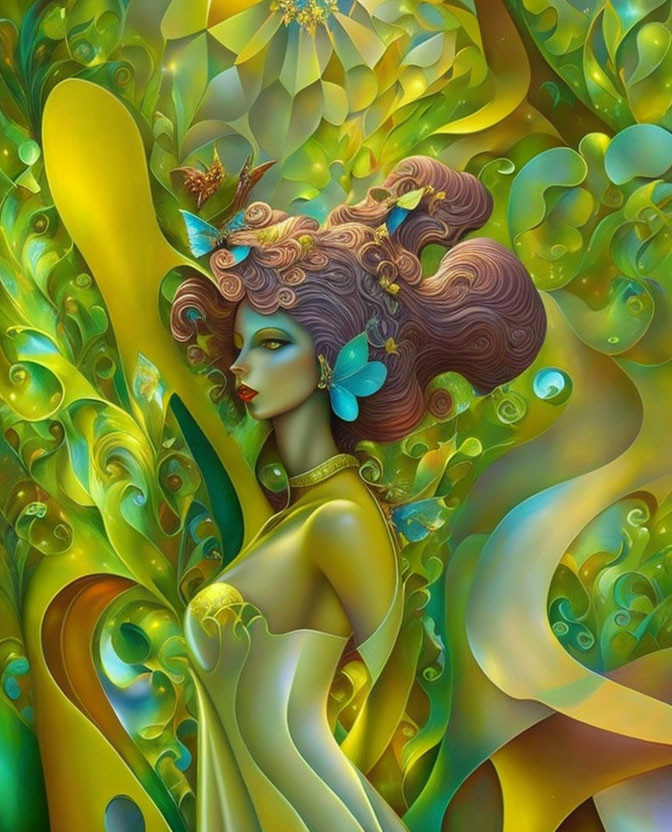 Fantastical green-skinned woman with leaf patterns and butterflies.