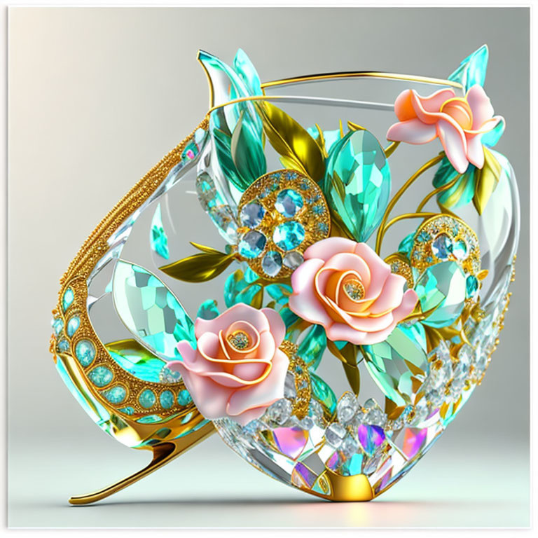 Luxurious digital artwork: Golden heart with jeweled details, pink roses, and teal crystal leaves