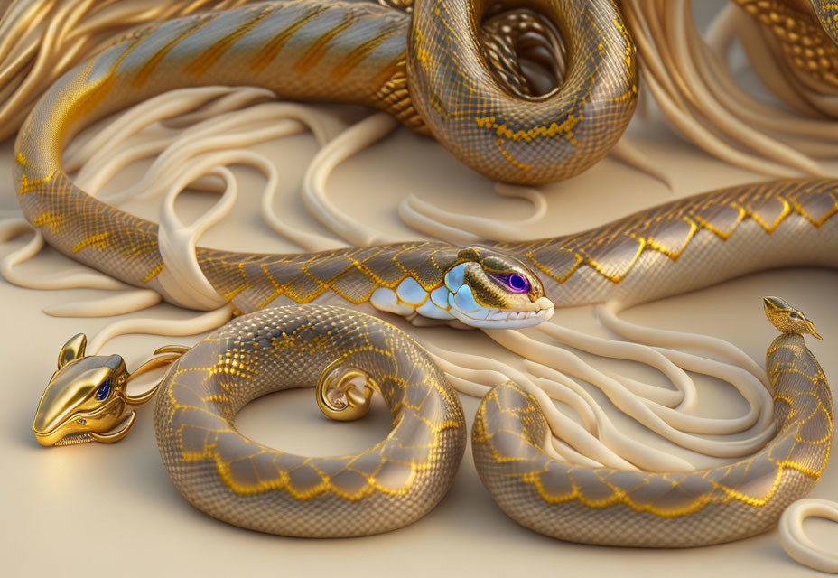 Realistic digital artwork: Golden snakes with metallic sculpture on creamy surface
