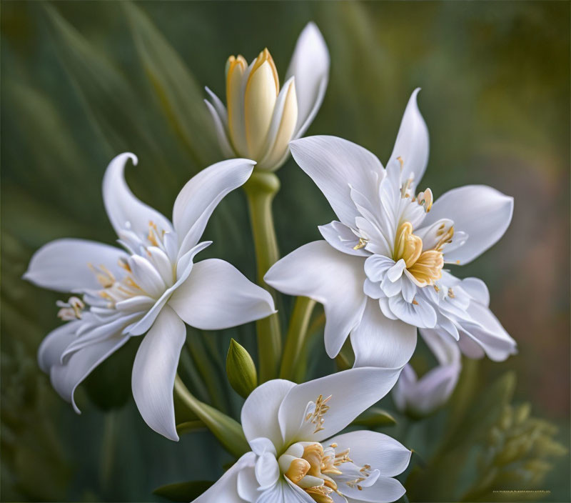 White lilies with yellow stamens on blurred green background.