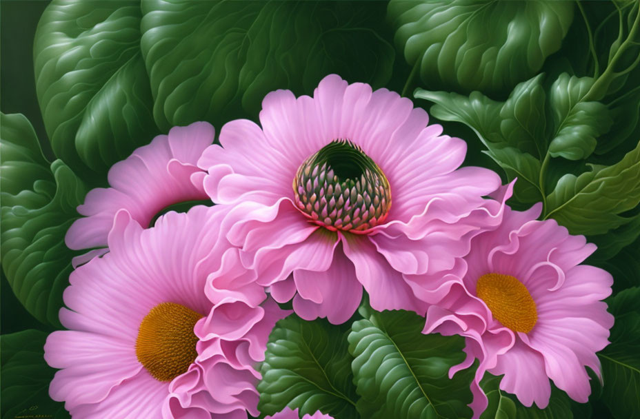 Detailed Illustration of Vibrant Pink Flower with Ruffled Petals