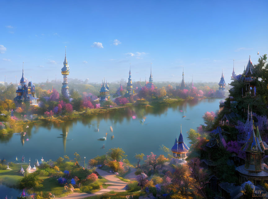 Fantasy landscape with spired towers, blossoming trees, lake, and clear sky