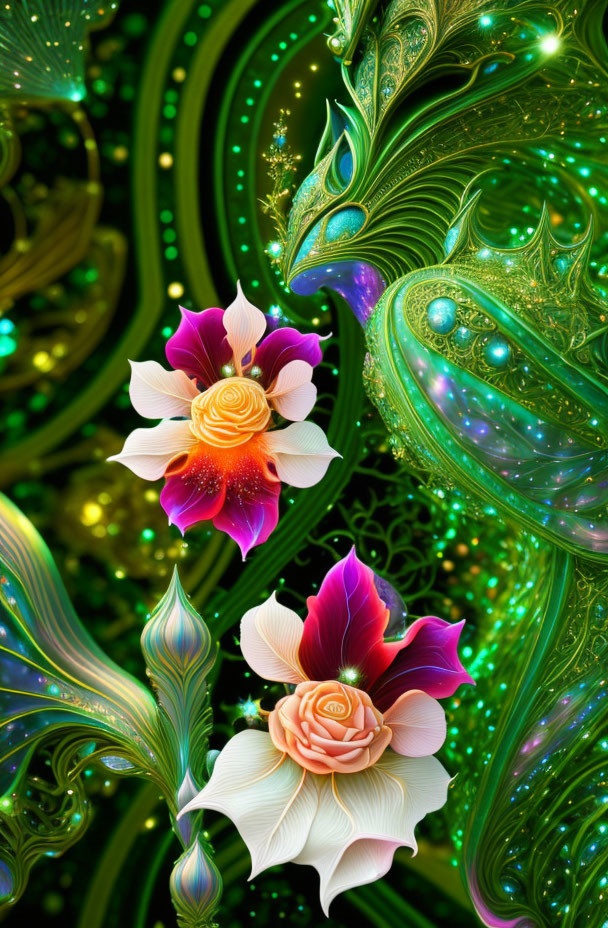 Vibrant fractal artwork with intricate leaf and flower patterns in green, gold, and pink