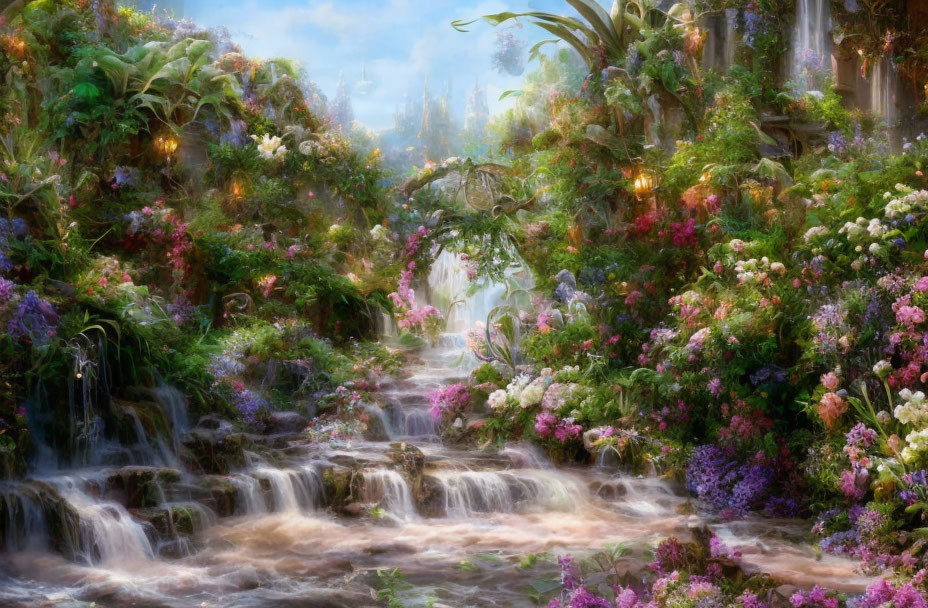 Vibrant garden with waterfalls, flowers, and ruins.
