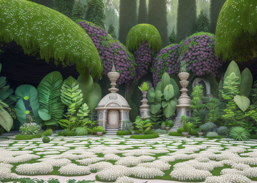 Digital garden with topiary hedges, purple flowers, and chess-themed layout.