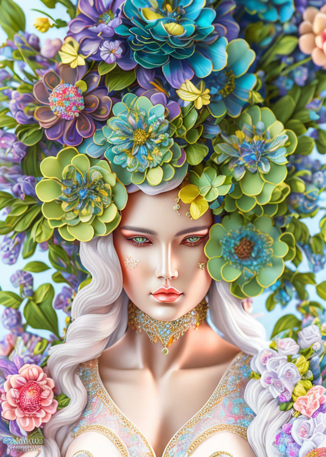 Illustration of woman with pale skin, white wavy hair, vibrant flowers, intricate jewelry, and