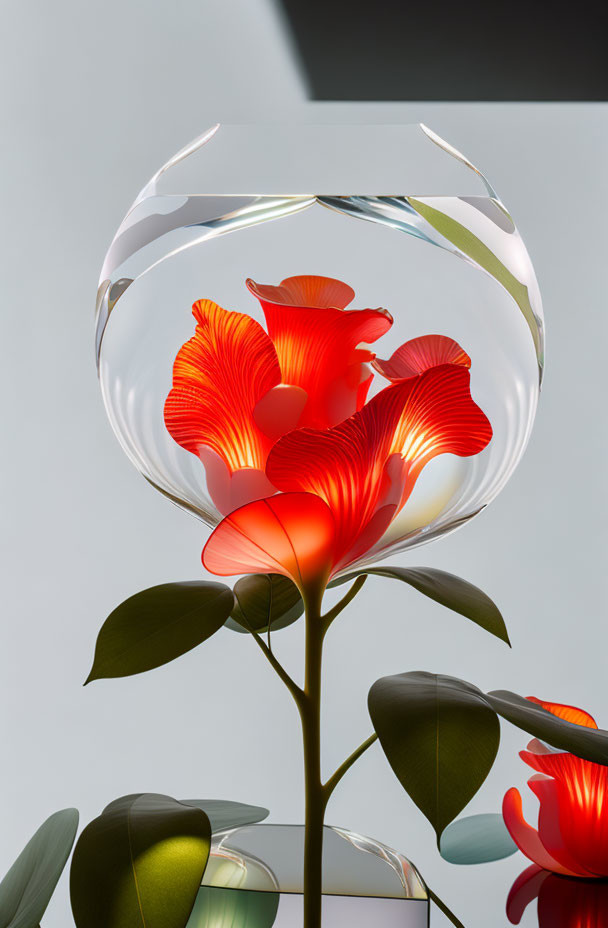 Vibrant red flower in glass sculpture with realistic leaves on gray backdrop