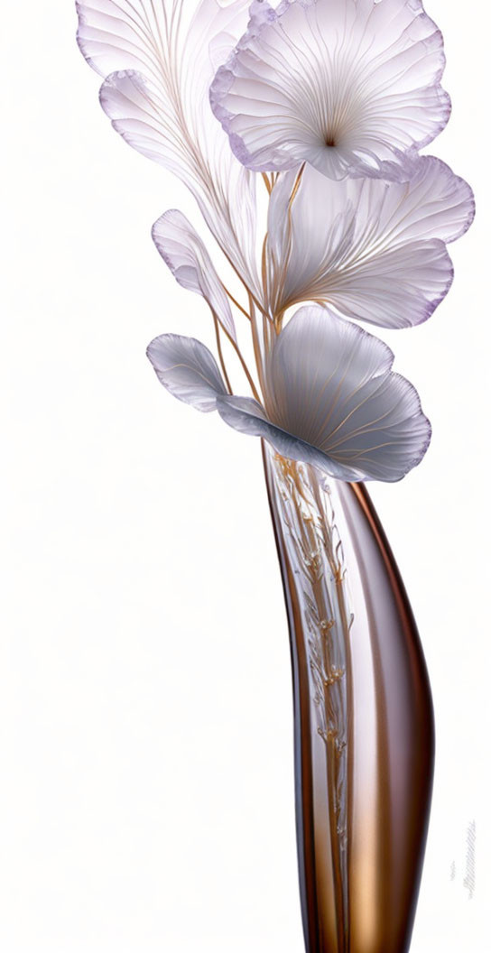 Translucent flowers in brown vase on white background