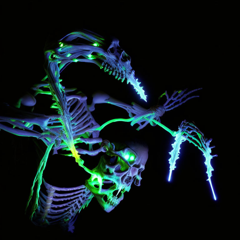 Vivid blue and green skeletons on black background