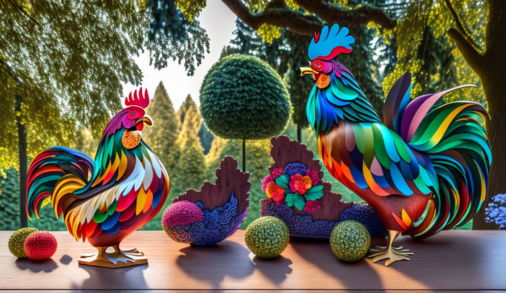 Vibrant Ceramic Roosters Outdoors with Spherical Decorations