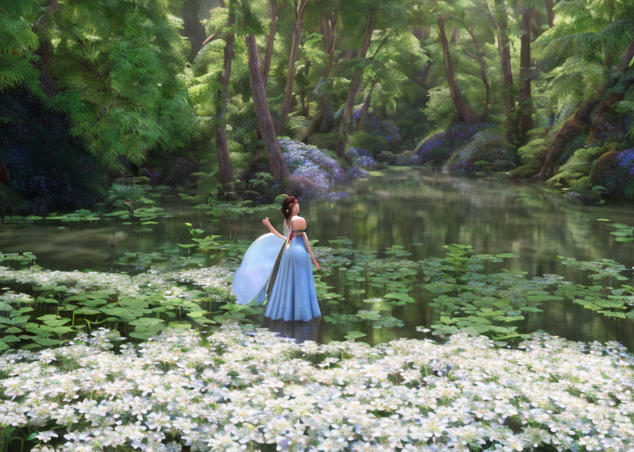 Tranquil pond with girl in blue dress amid lush greenery