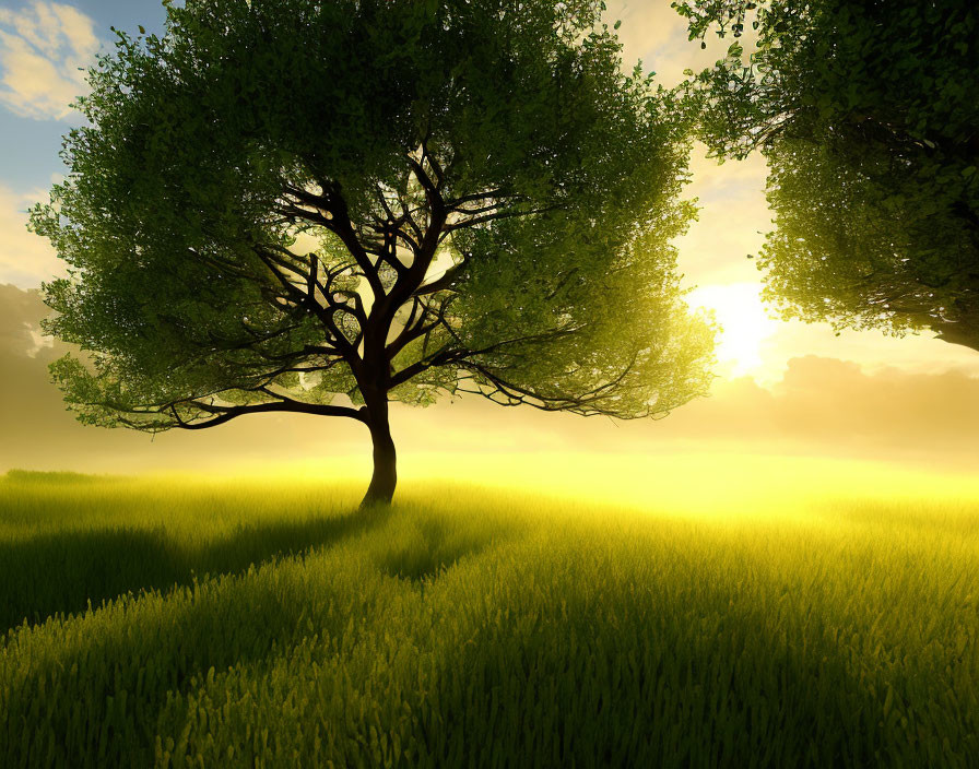 Lush green tree in sunlit field at sunset