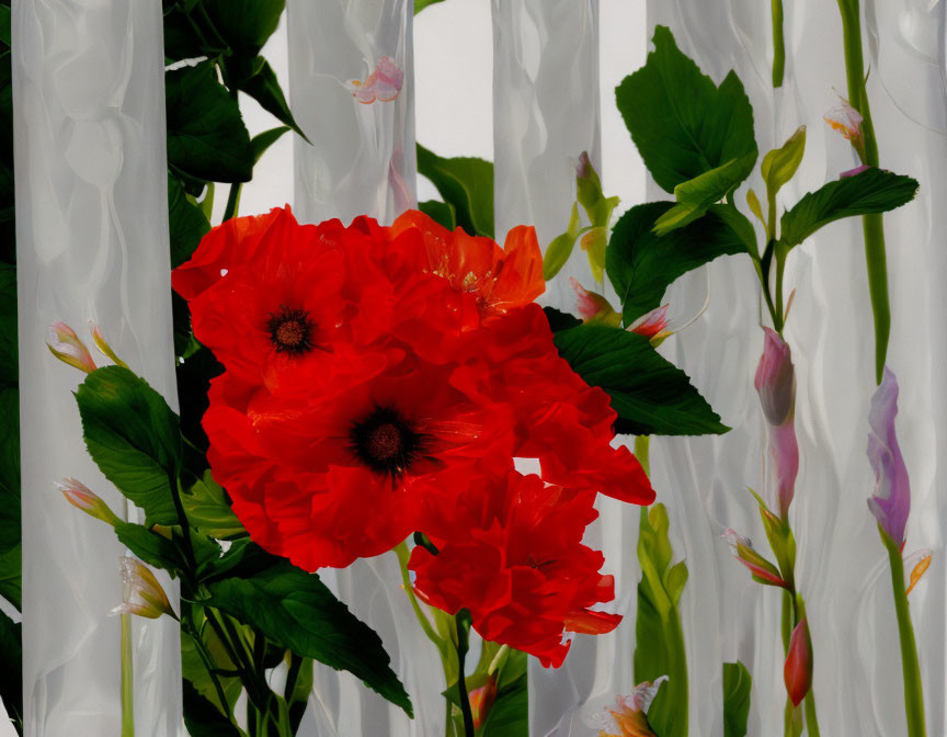 Bright red poppies on white floral curtains.