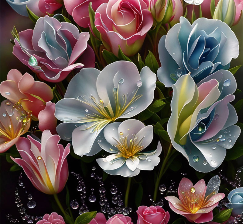 Colorful digital painting: Multicolored flowers with water droplets in pink, blue, and green