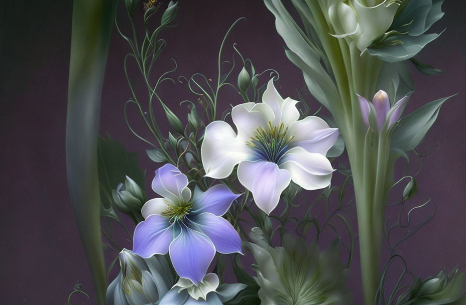 Delicate white and violet flowers in a digital painting