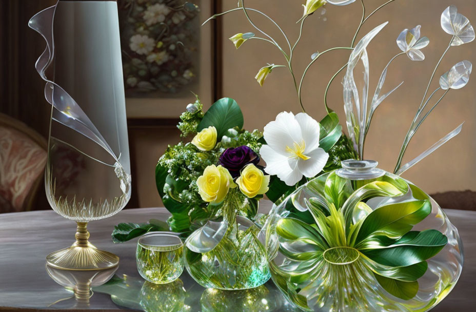Glassware and Floral Still Life with Transparent and Greenish Motifs