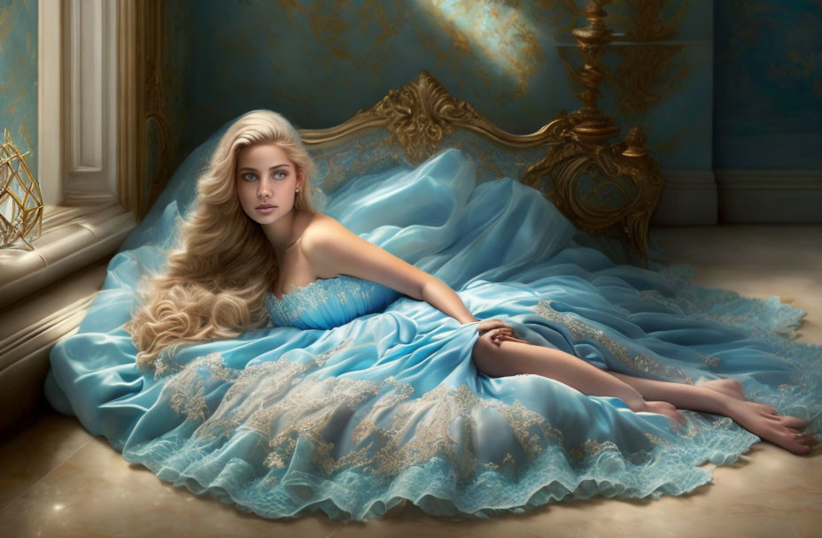 Blonde woman in blue dress on elegant chaise in sunlit room