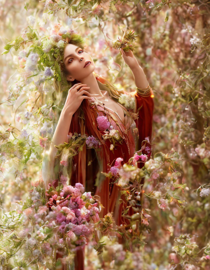 Woman in burnt orange gown surrounded by dreamy floral setting