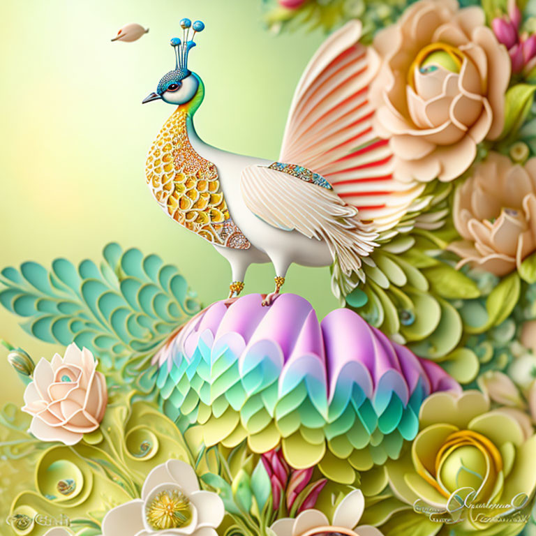Colorful digital artwork: stylized peacock with floral backdrop