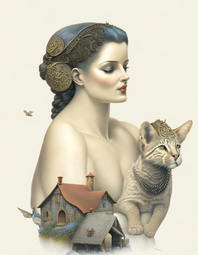 Illustrated woman with ornate hair accessory and cat's head overlooking house and bird on light background