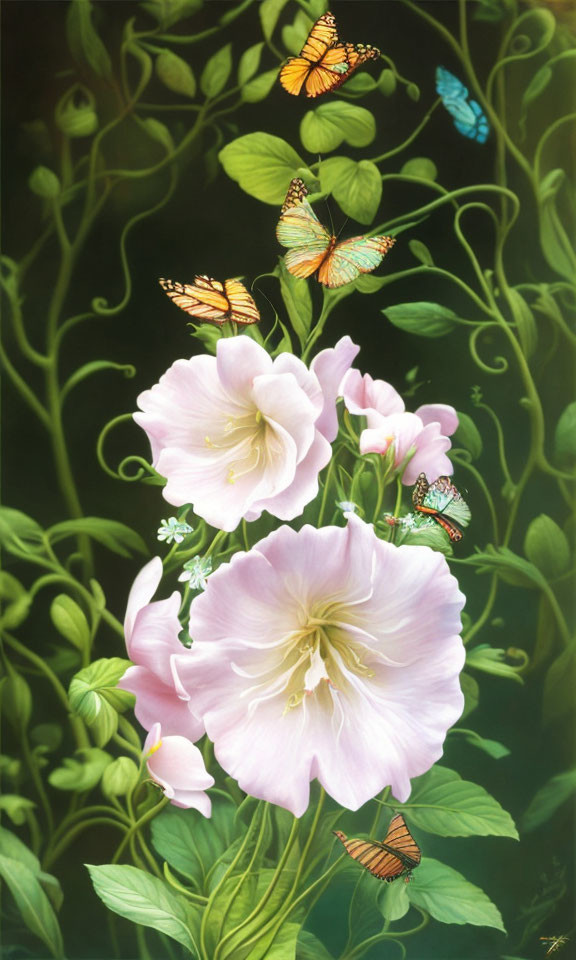 Colorful butterflies and pink flowers painting on dark background