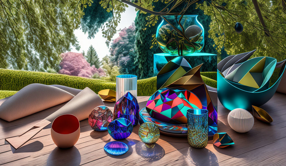 Colorful geometric glass sculptures on wooden floor with lush greenery and cherry blossom trees outside.