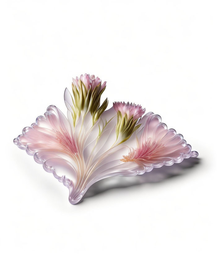 Translucent pink glass sculpture of delicate blossoms on white background