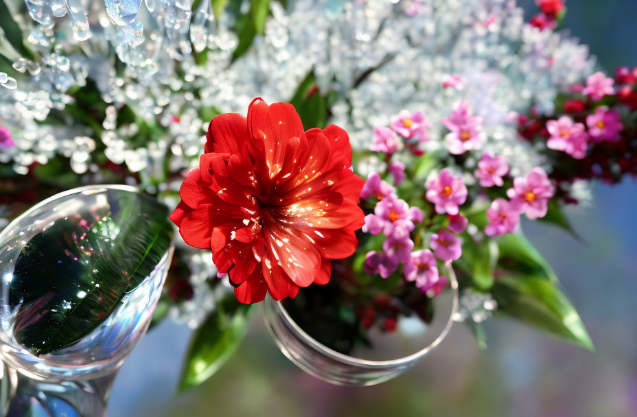 Colorful red flower with pink blooms and white baby's breath on blurred background with glassware sparkle
