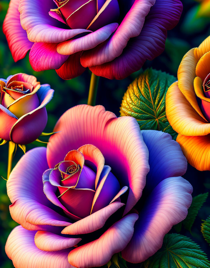 Colorful digital artwork: Surreal roses in purple, pink, and orange gradient with green leaves.