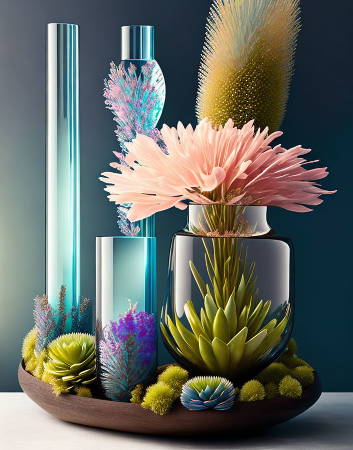 Sleek modern vases with vibrant plants on tray