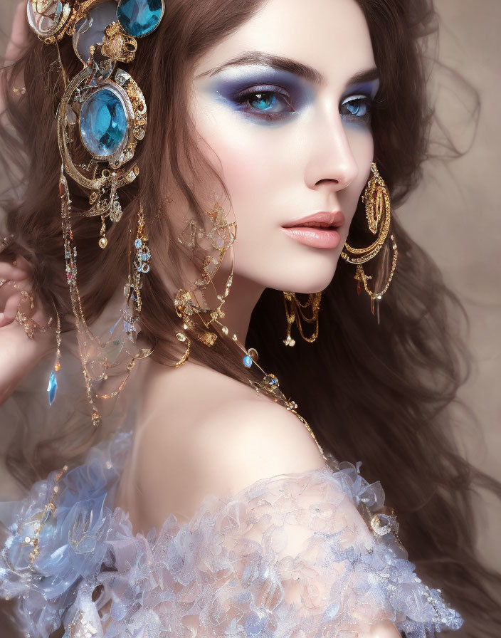 Woman with Striking Blue Eye Makeup and Golden Jewelry