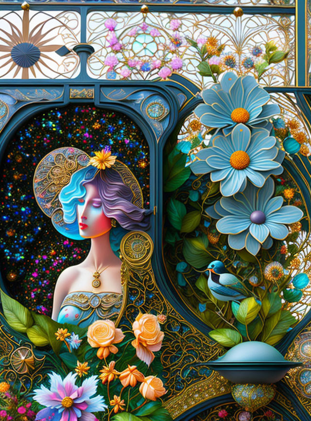 Colorful Artwork: Ornate Window Frame, Space Hair Woman, Flowers, Bluebirds