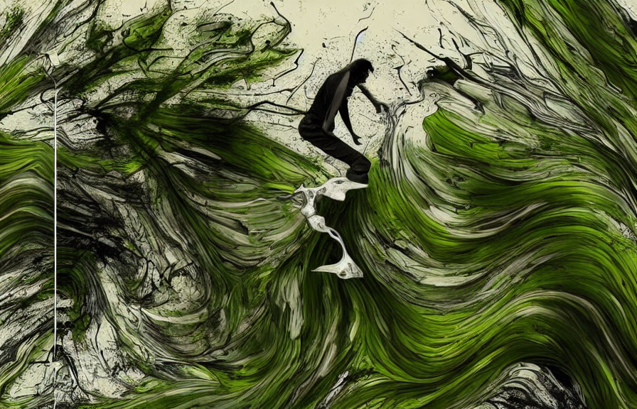 Abstract Green Wave Surfing Artwork with Dynamic Swirling Patterns