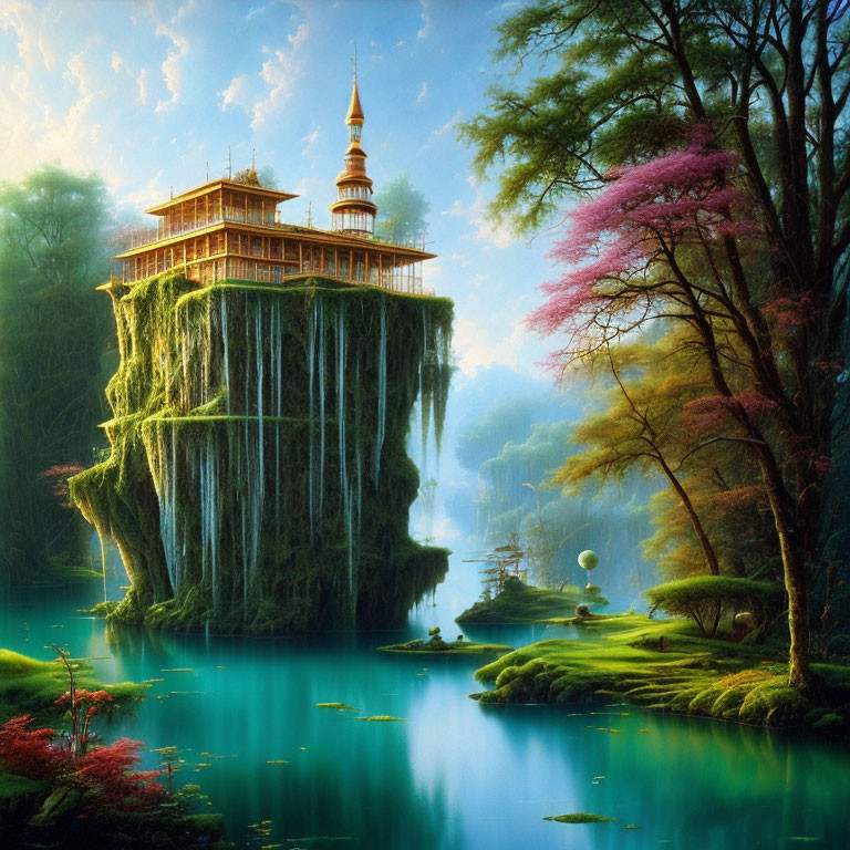 Fantastical landscape with temple, waterfall, cherry blossoms