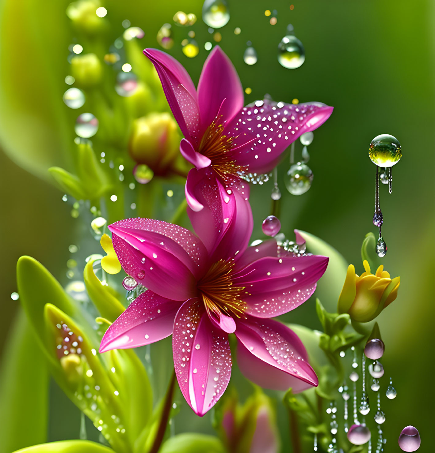 Pink flowers with water droplets in lush green setting