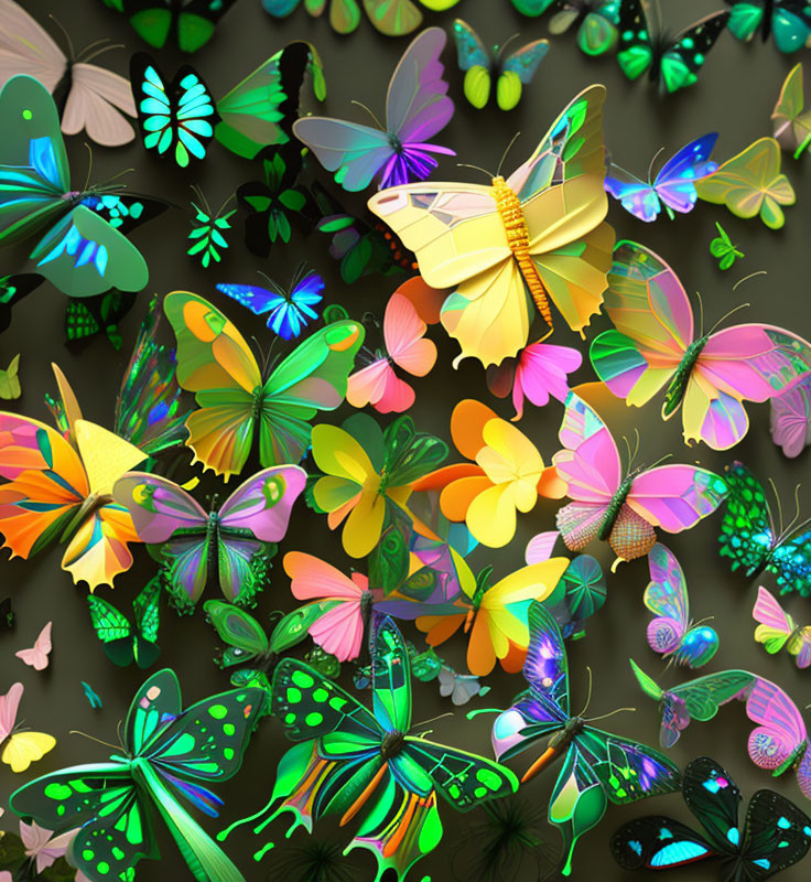 Assorted colorful butterflies with unique patterns on dark green backdrop