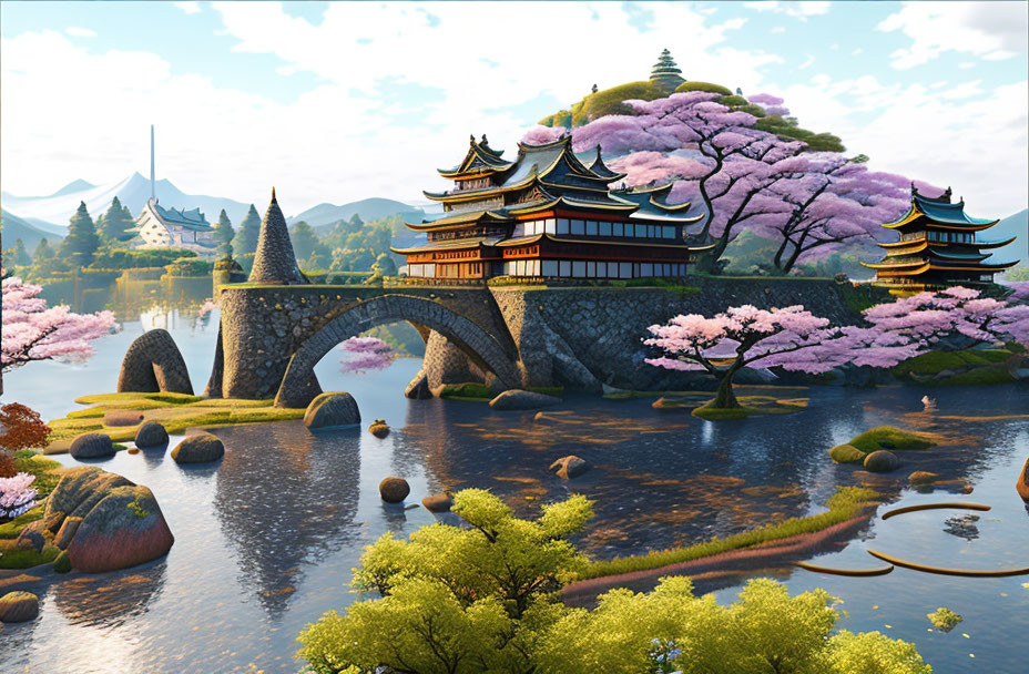 Traditional Japanese architecture with pagodas in serene landscape