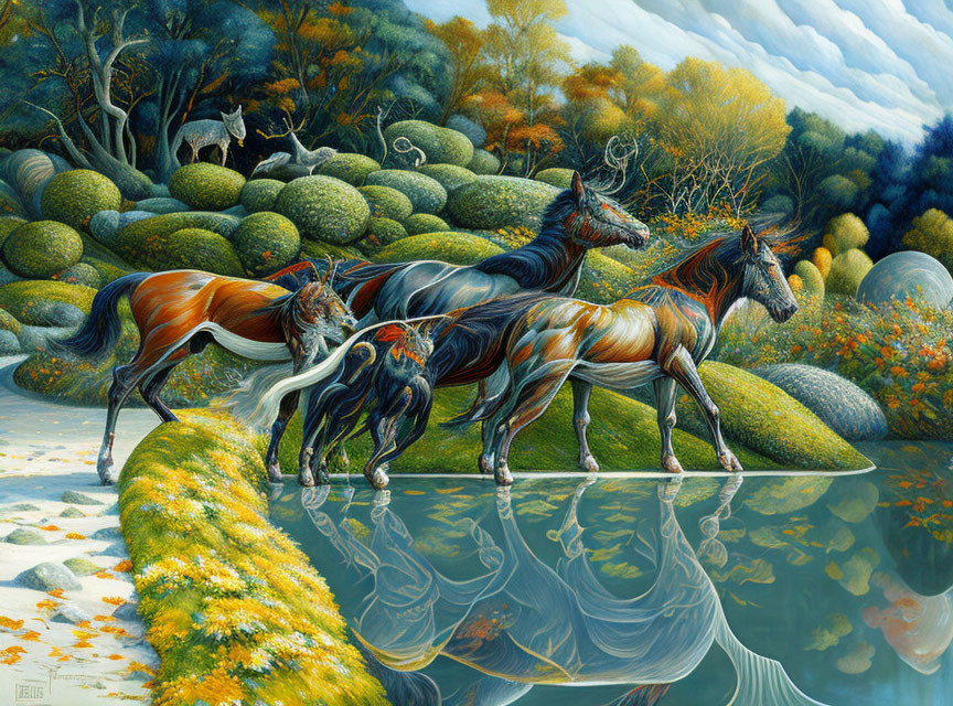Four transparent horses by a river in vibrant landscape