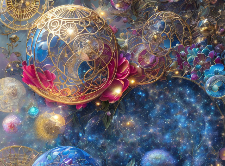 Ornate golden celestial spheres in fantasy cosmic scene